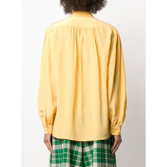 GUCCI Silk Ruffle Jabot Blouse Crepe De Chine Button Down Yellow {L49} - Picture 3 of 9